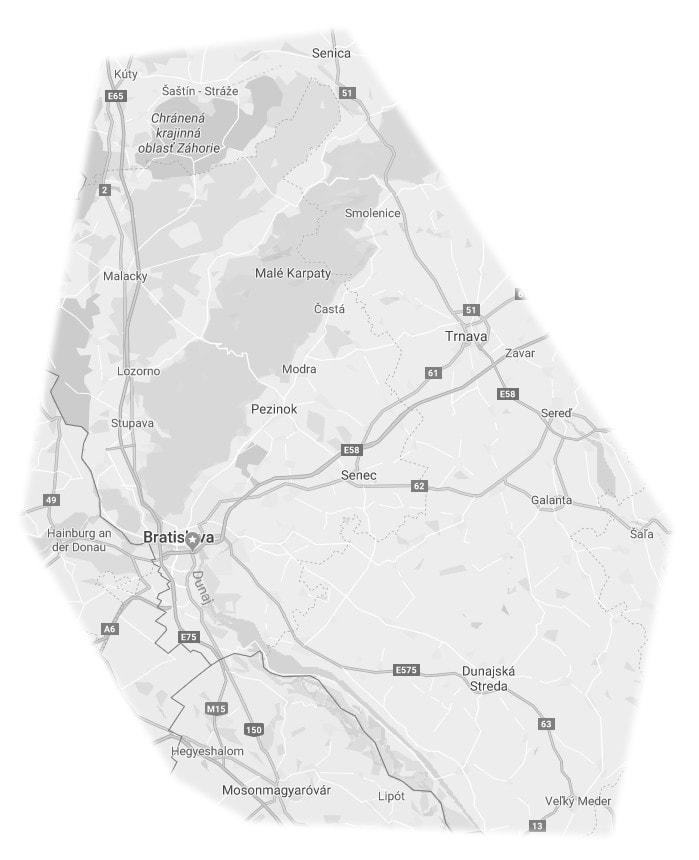 Mapa pôsobnosti firmy Martin Spusta – MS Elektro
